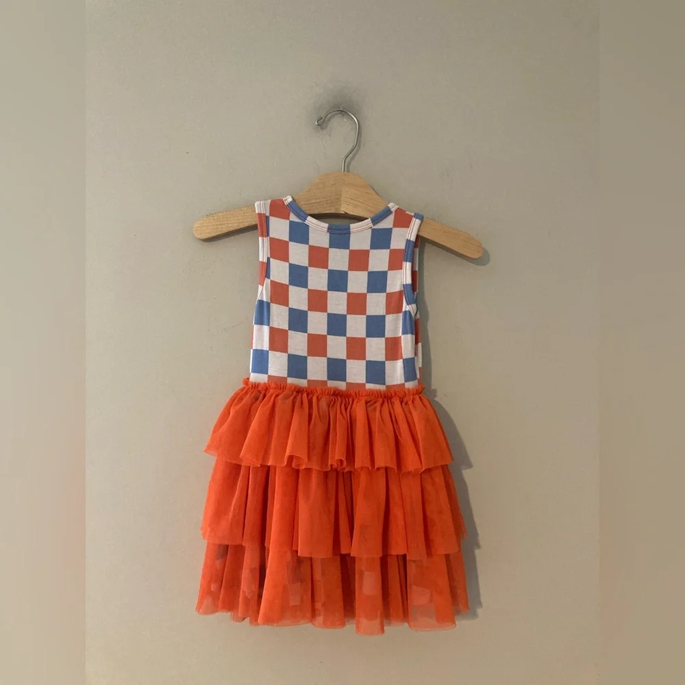 $20 ADD ON dreamy zzz checkered blue and‎ orange dress with tulle skirt vivid